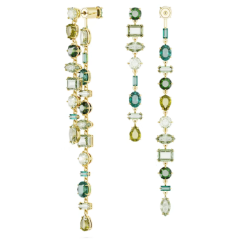 Gema drop earrings Asymmetrical design Mixed cuts Extra long Green Gold-tone plated