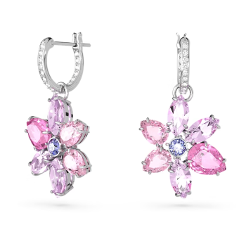 Gema drop earrings Mixed cuts Flower Pink Rhodium plated