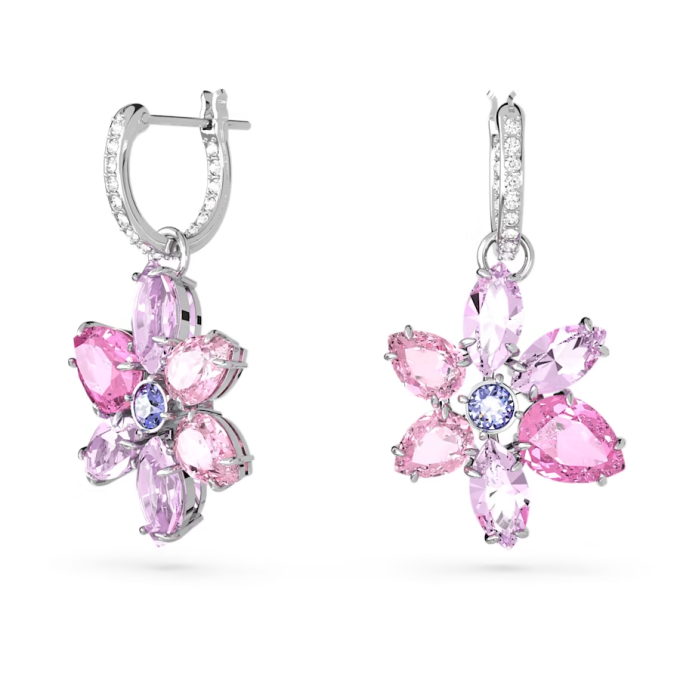 Gema drop earrings Mixed cuts Flower Pink Rhodium plated