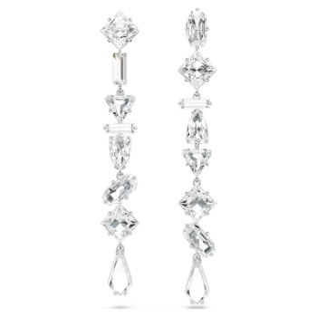 Mesmera drop earrings Asymmetrical design Mixed cuts Long White Rhodium plated