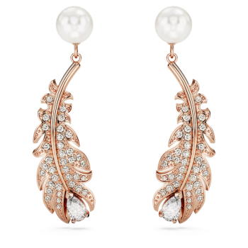 Nice drop earrings Mixed cuts Feather White Rose gold-tone plated