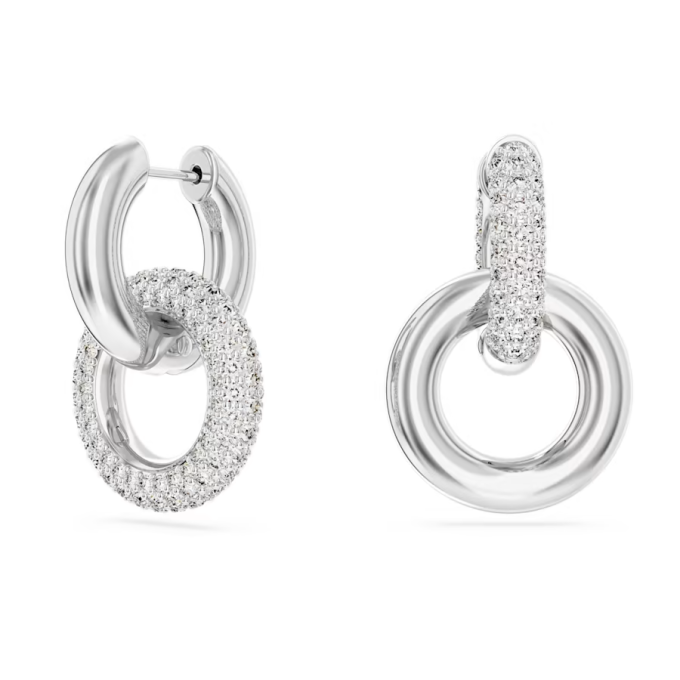 Dextera hoop earrings Asymmetrical design Interlocking loop White Rhodium plated