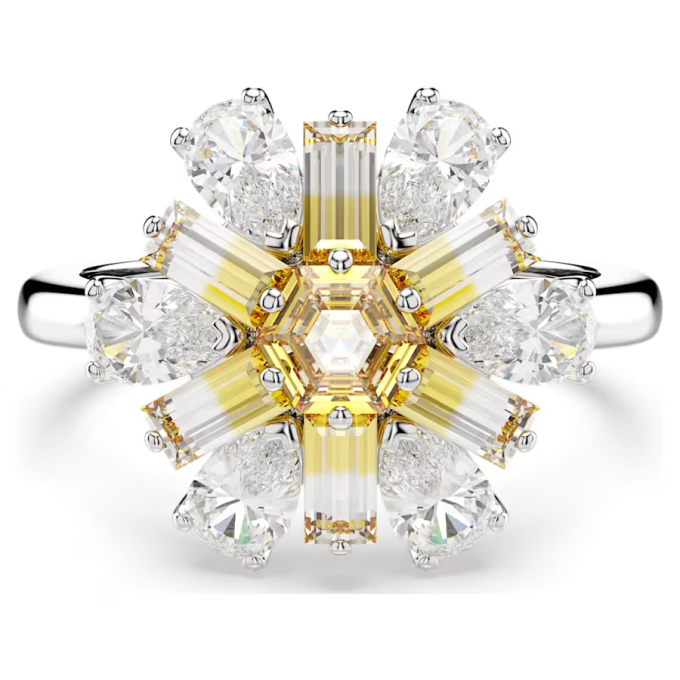 Idyllia cocktail ring Mixed cuts Flower Yellow Rhodium plated