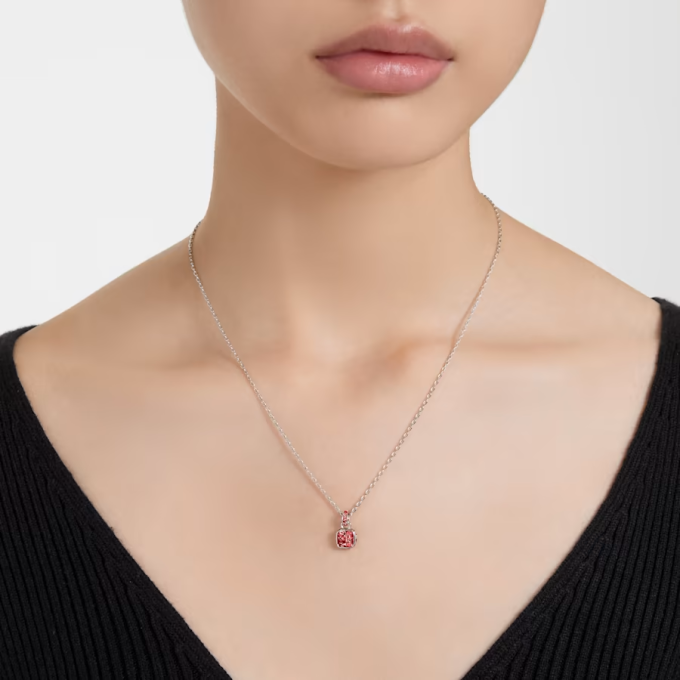 Birthstone pendant Square cut July Red Rhodium plated