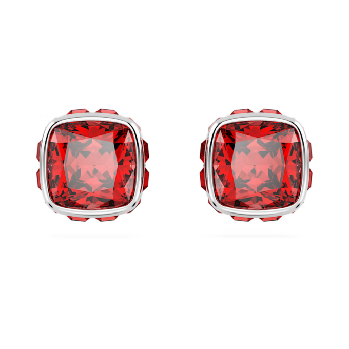 Birthstone stud earrings Square cut July Red Rhodium plated