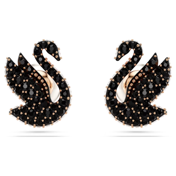 Swarovski Swan stud earrings Swan Black Rose gold-tone plated