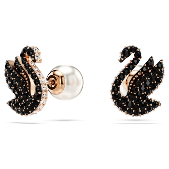 Swarovski Swan stud earrings Swan Black Rose gold-tone plated